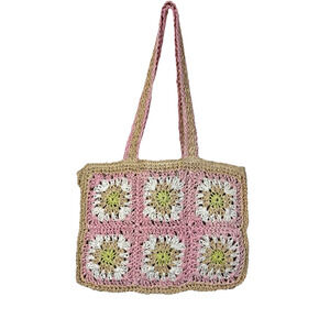 Crochet Floral Crochet Mini Tote NWT Lined Pink White Natural Summer Beach